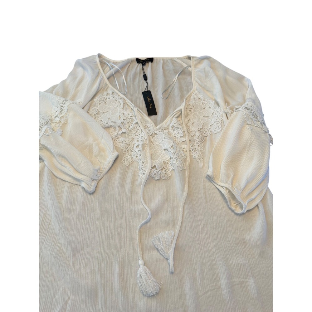 Melissa Paige White Lace Trim Gauze Peasant Blouse SM29154 Cloud L NWT
